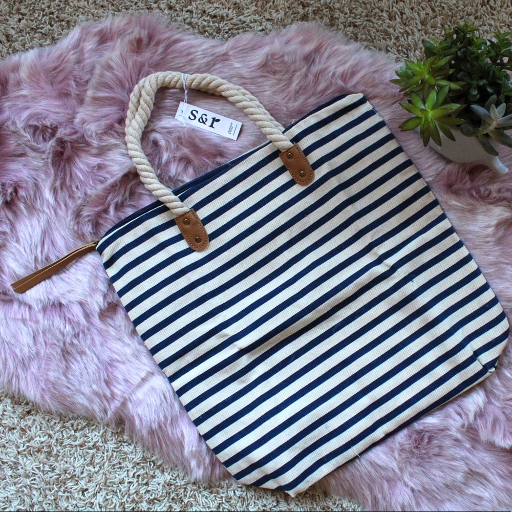 NWT Summer and Rose Large Blue Striped Canvas Tote